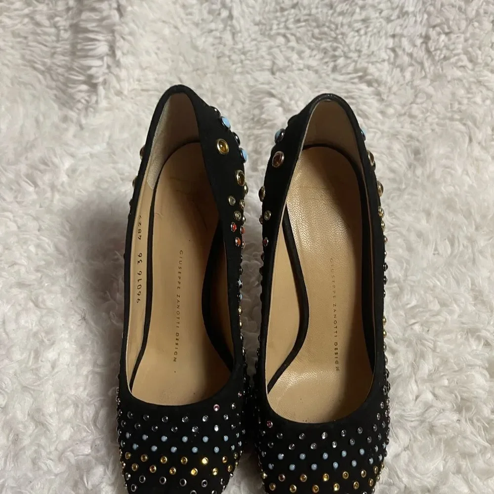 Giuseppe Zanotti Black Suede multi color  studs Peep Toe Platform Pumps EUR SZ37
